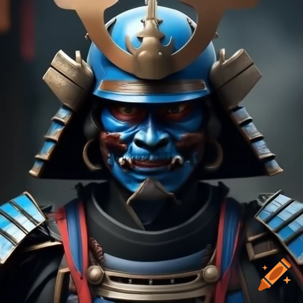 Realistic samurai in blue and black armor with sharp focus