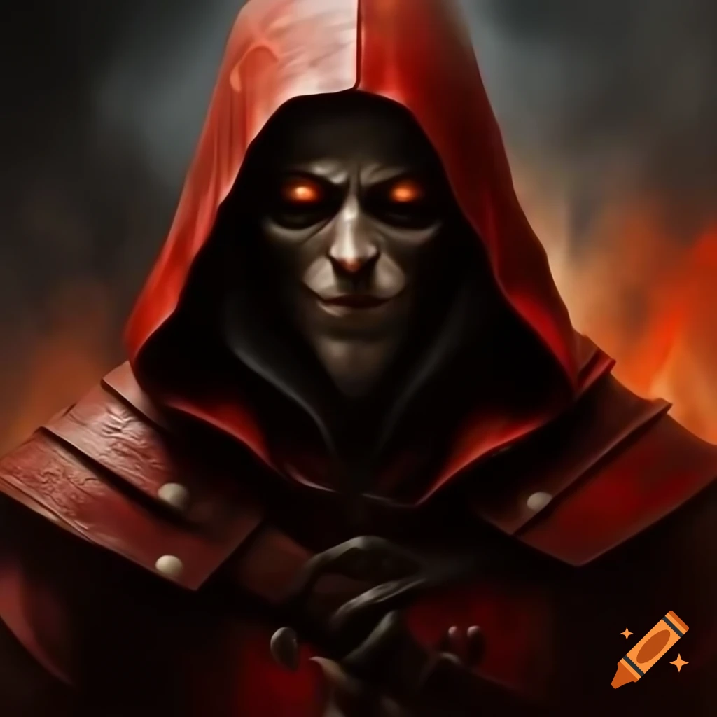 Mature male in red leather medieval clothes with a sinister expression, emitting dust