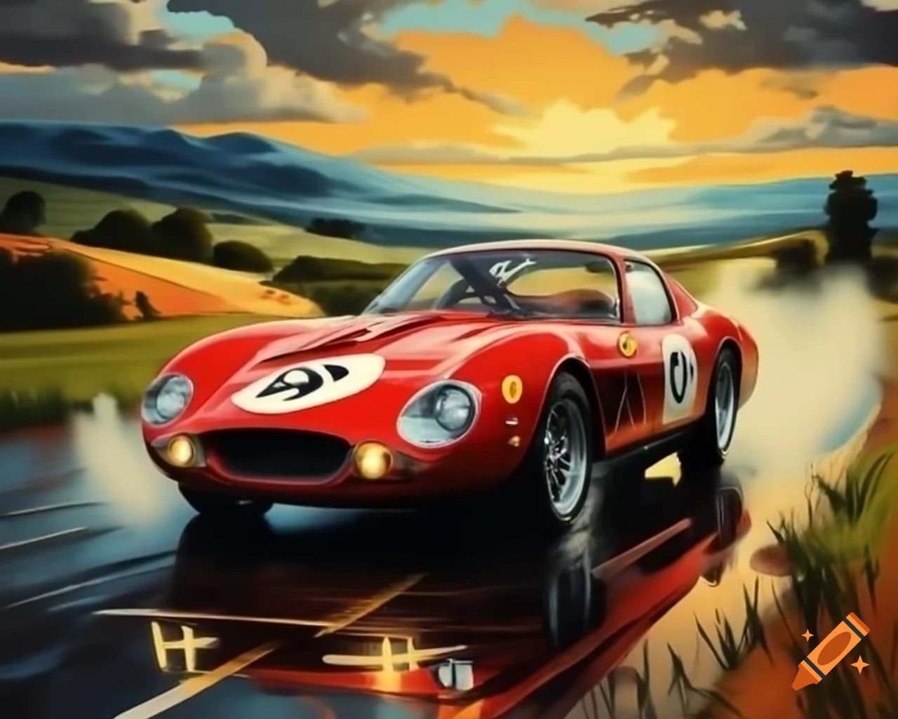 Vintage Ferrari racing in rain on winding road at sundown, detailed illustration