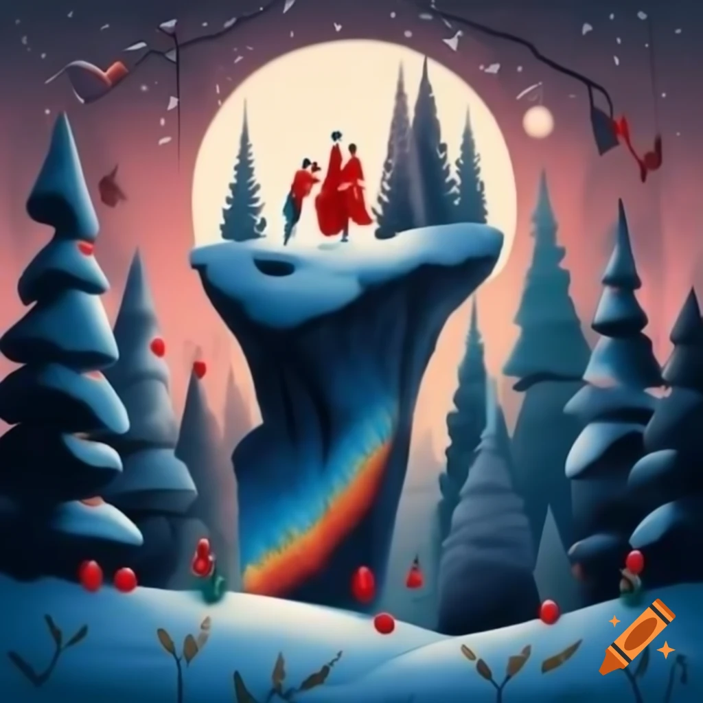 Panorama illustration of Christmas forest combining Salish and Russian fairytale motifs