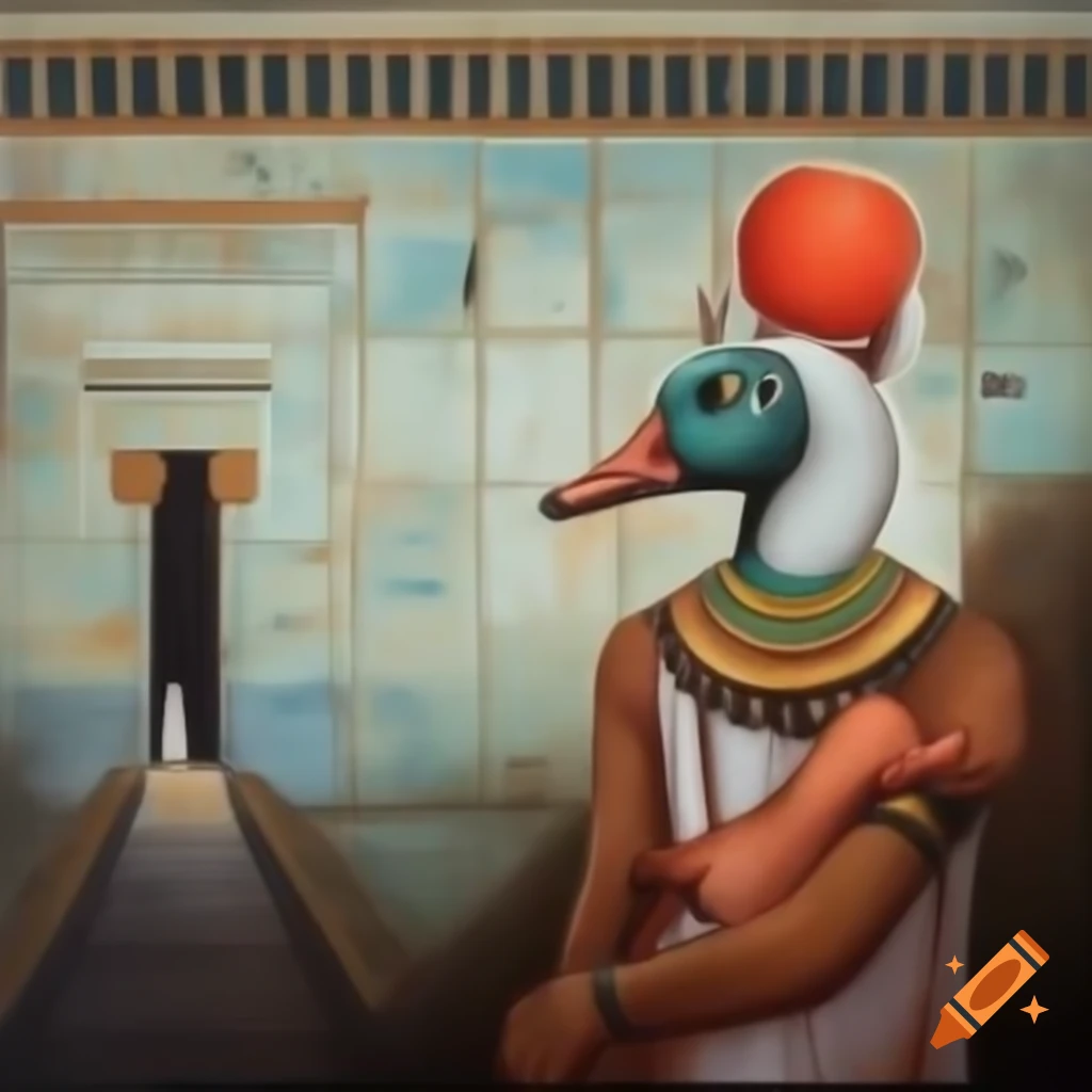 Egyptian god with goose head depicted in temple wall painting of Book of the Dead