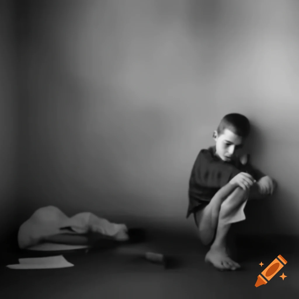 Boy in corner exhibiting signs of a panic attack