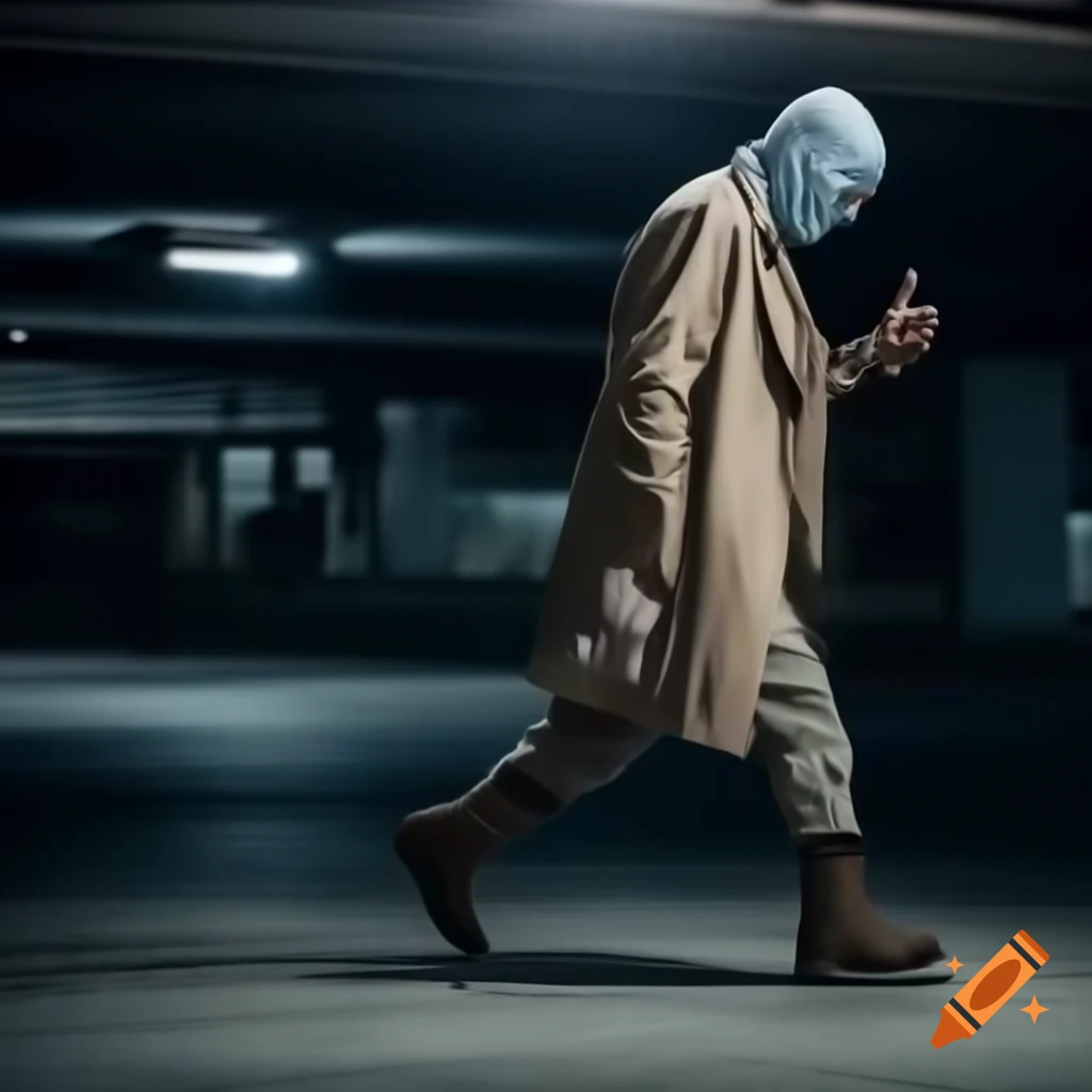 Profile view of masked figure in trench coat pointing in parking garage