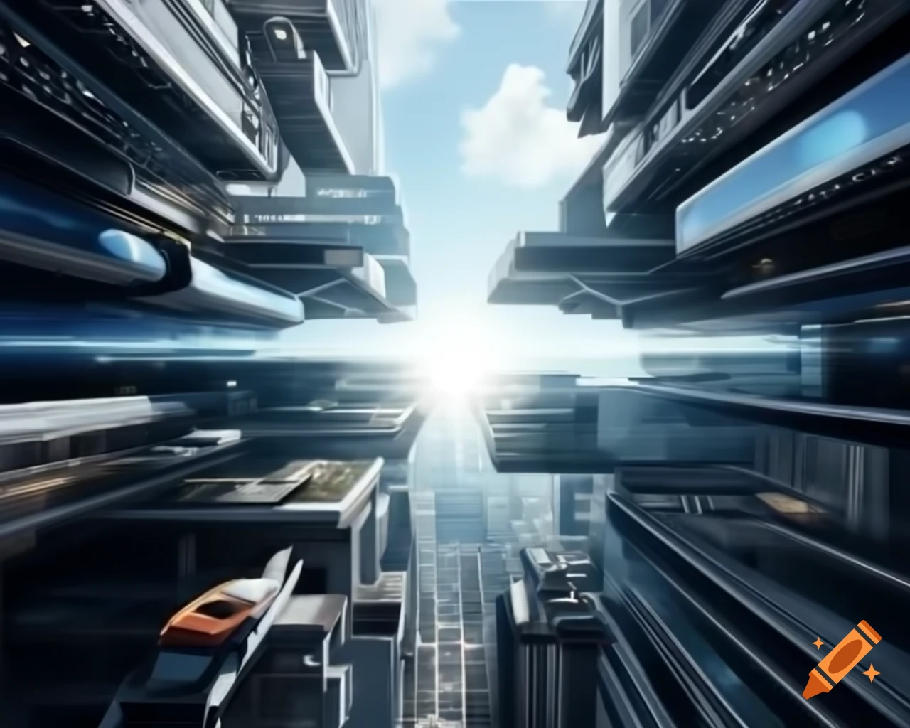 Futuristic cityscape with glass buildings, holographic ads, and flying cars