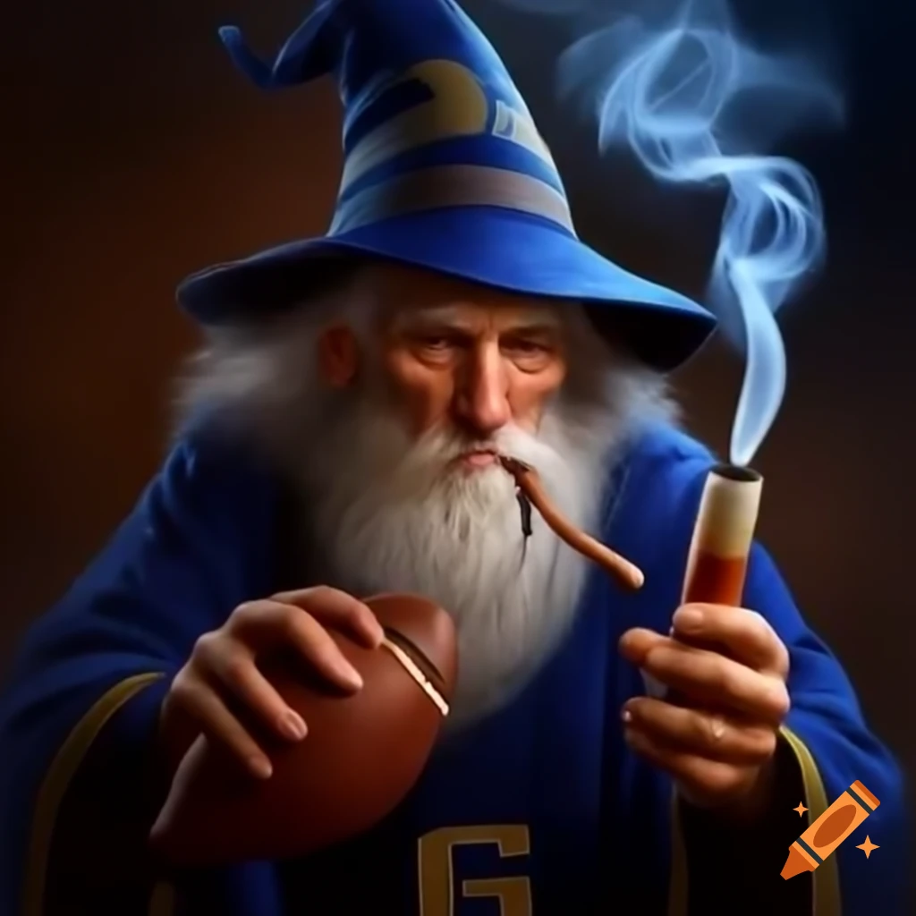 Wizard throwing football while smoking a pipe