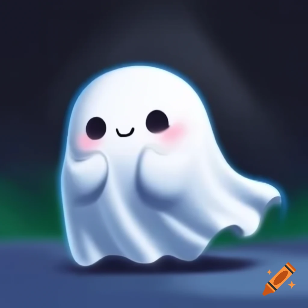 Cartoonish cute ghost with arms folded and chin resting on arms