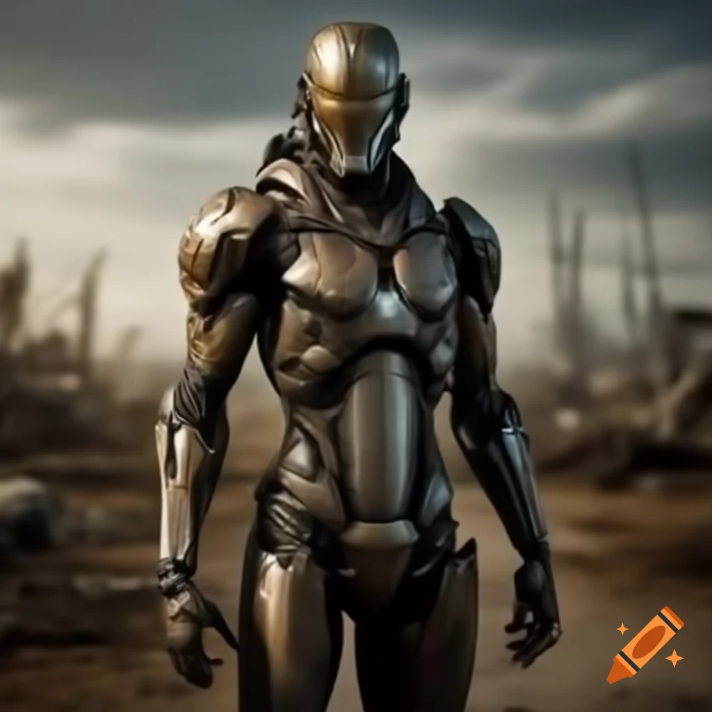 Cyborg warrior in armor standing in post-apocalyptic wasteland