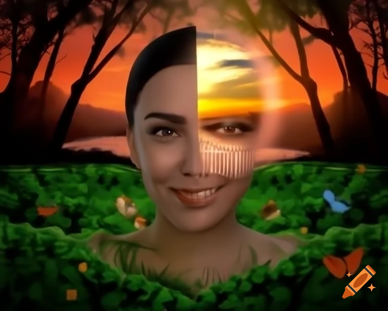 Surreal 3d Render Of Woman s Face In Forest With Wildflowers And surreal-3d-render-of-woman-s-face-in-forest-with-wildflowers-and