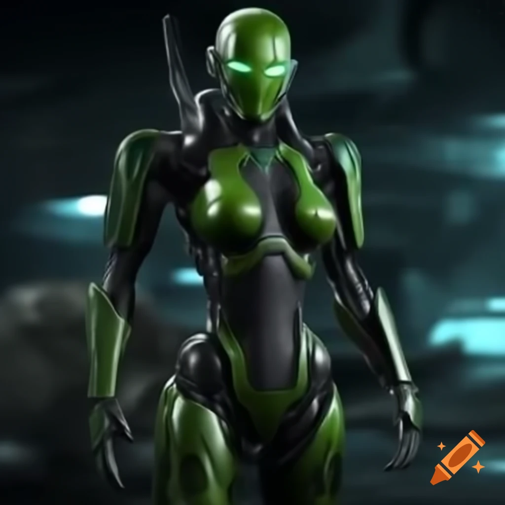 Slender cyborg warrior in green armor with laser rifle in futuristic battlefield
