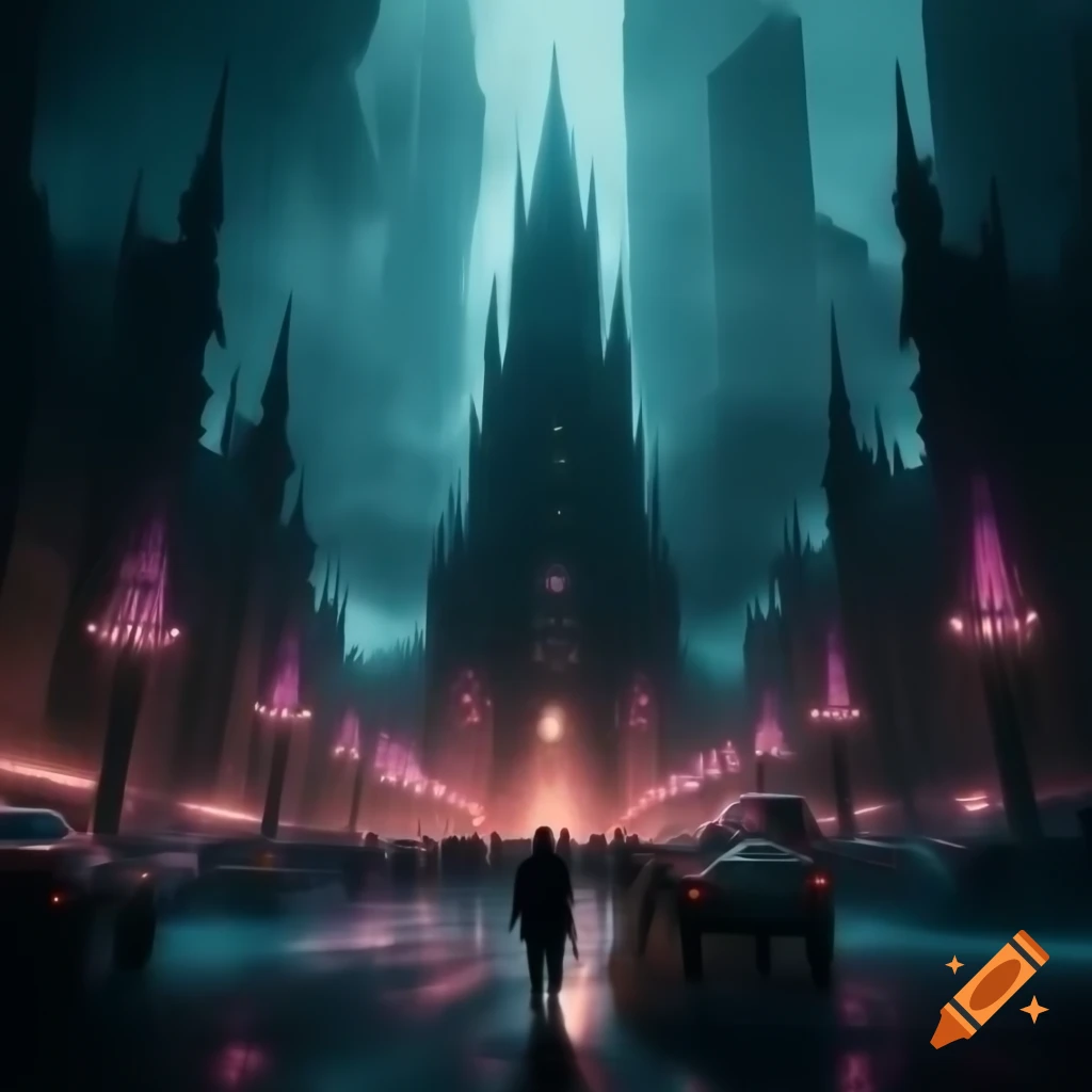 Futuristic cityscape with gothic architectural elements and towering skyscrapers
