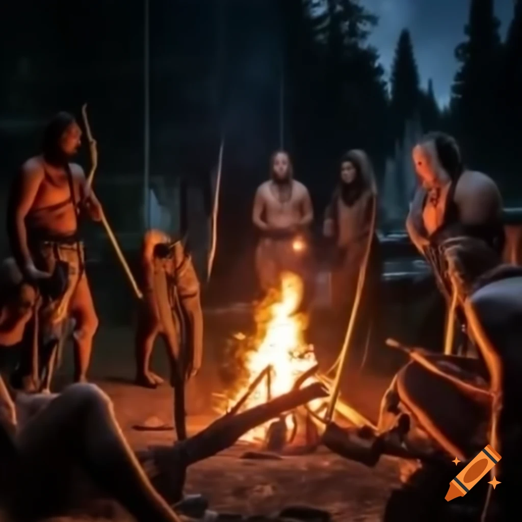 Hunters with bows and spears around campfire at night with horses