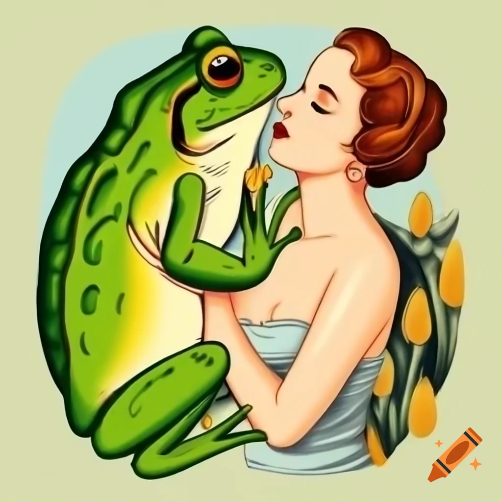 Vintage oil painting of a frog and woman sharing a kiss in Balthus style