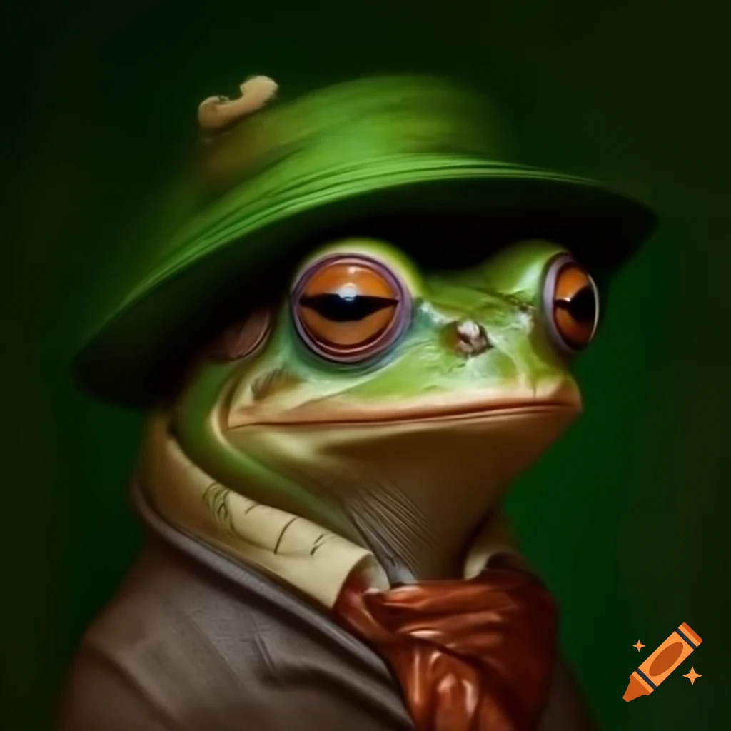 Artistic portrait of frog influenced by Rockwell, Schiele, and Bacon