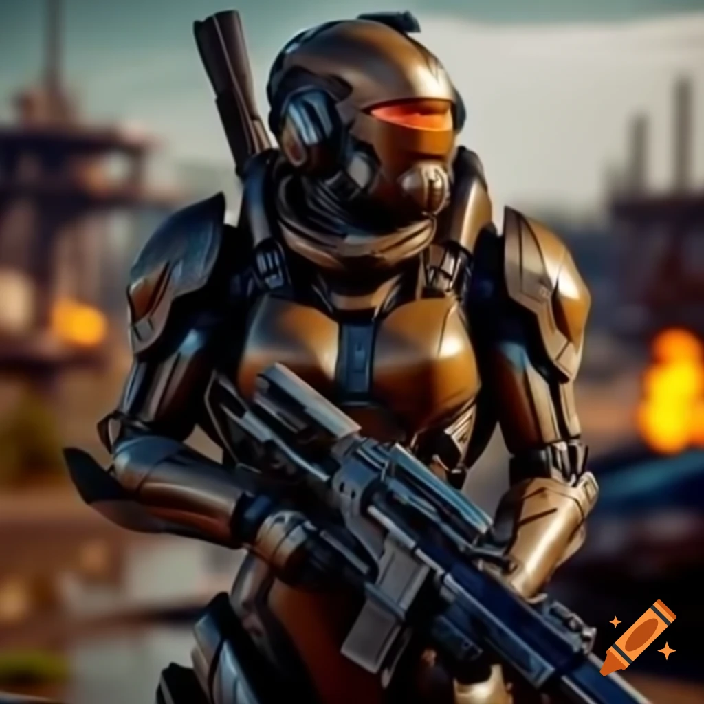 Cyborg warrior in armor with laser rifle in post-apocalyptic wasteland