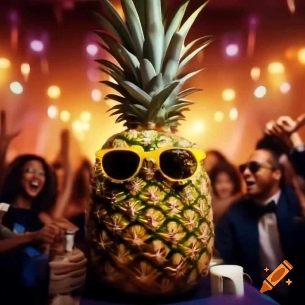 Pineapple wearing sunglasses at a festive party