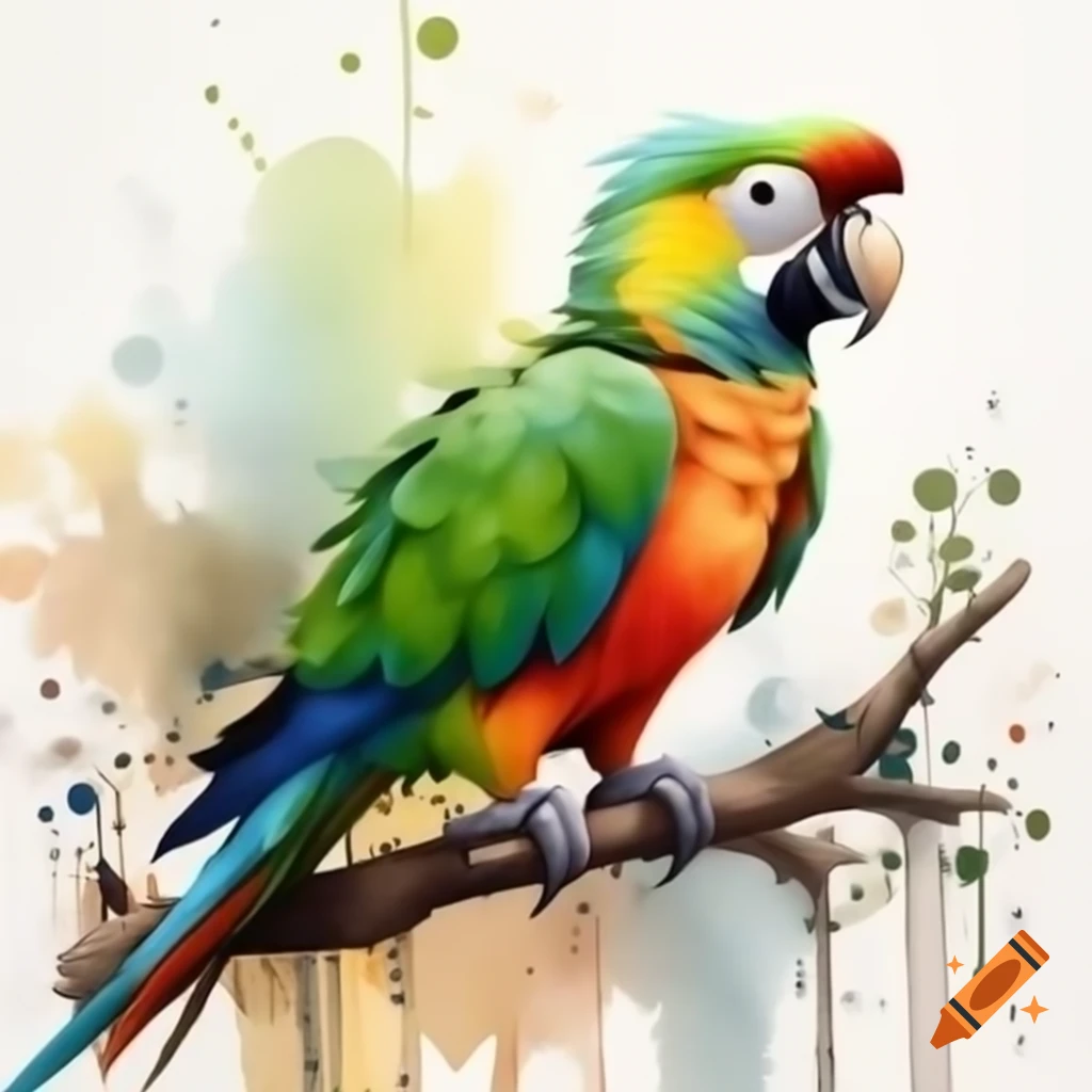 Cartoon style king parrot in watercolor shades of green, red, and orange perched on tree branch