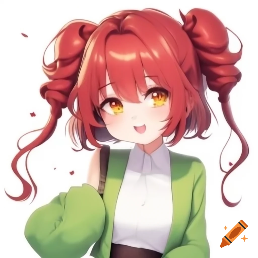 Character design of Mira with bronze skin and fiery red hair styled in high pigtails