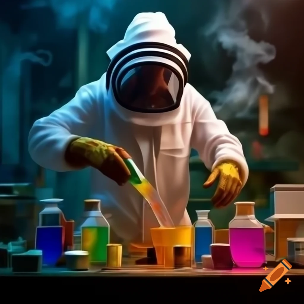 Realistic scientist in lab coat mixing beakers with colorful liquids and neon smoke