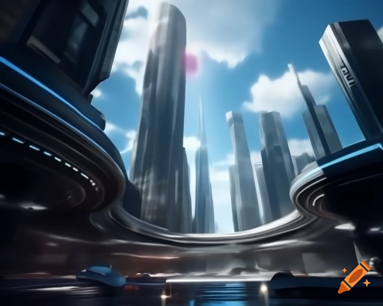 Futuristic cityscape with glass buildings, holographic ads, and flying cars
