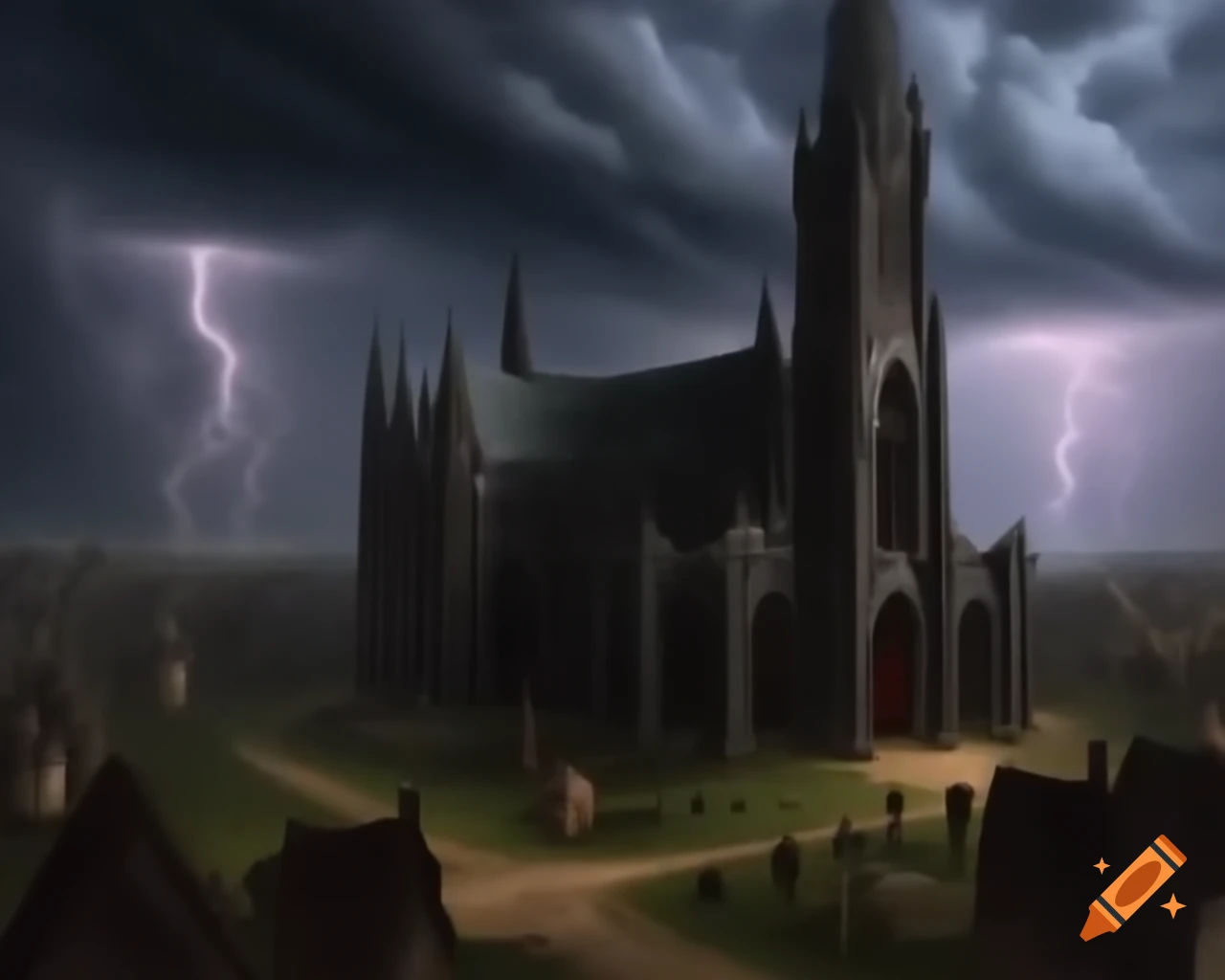 Gothic cathedral in medieval village under storm with tornado and lightning