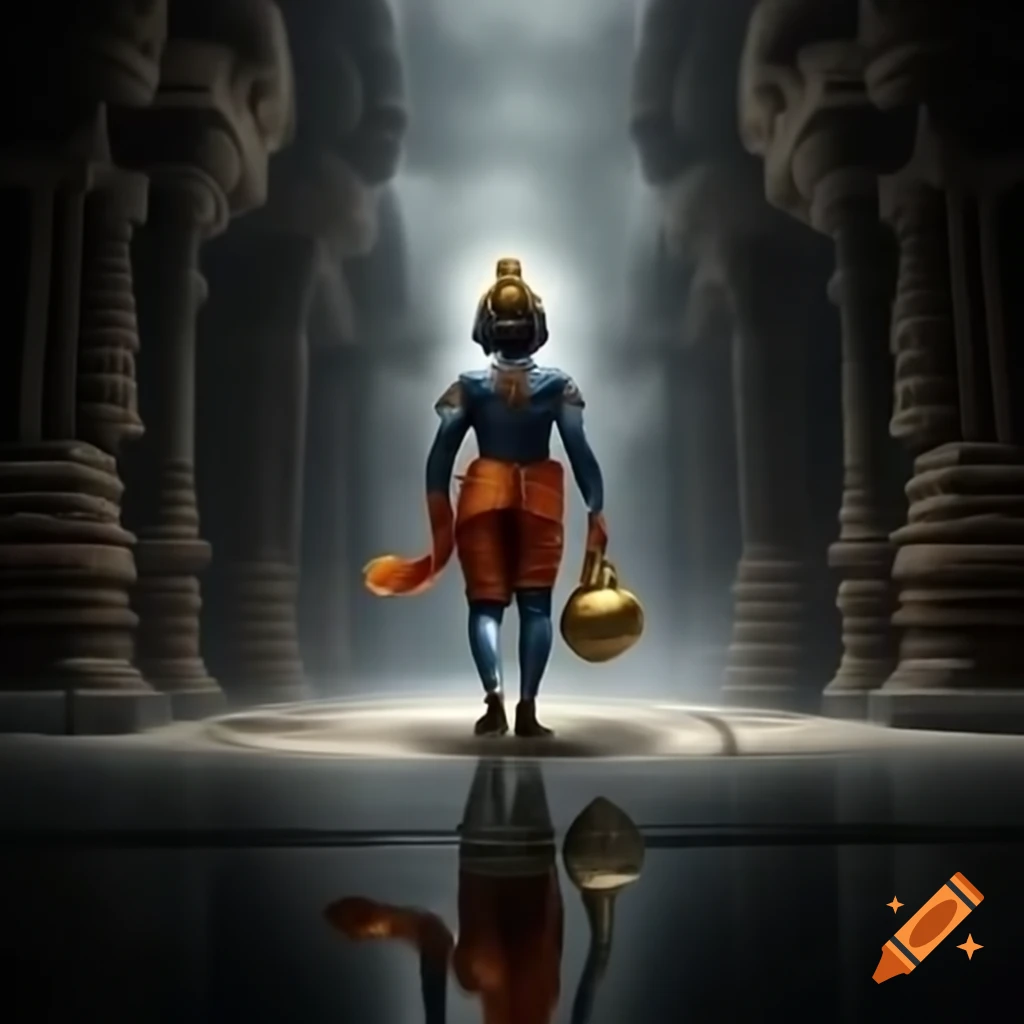 Lord Hanuman closeup standing and conversing with Vasuki in Nagaloka