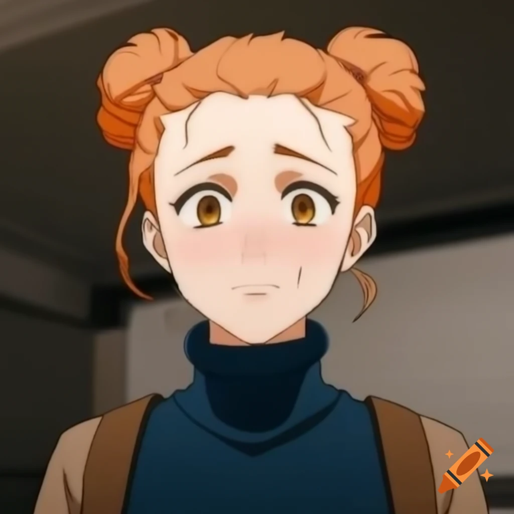 Young adult woman with orange hair in bun wearing blue turtleneck and brown jacket, anime style