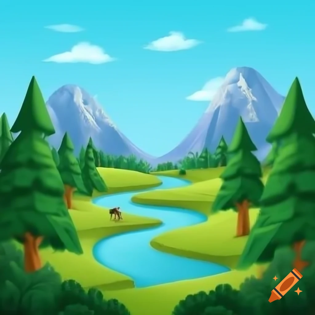 Vibrant natural landscape with lush forest, clear river, and mountains