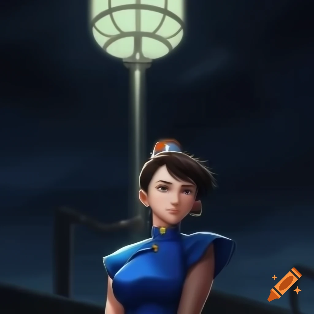 Anime Chun-li from Street Fighter posing in front of floodlight