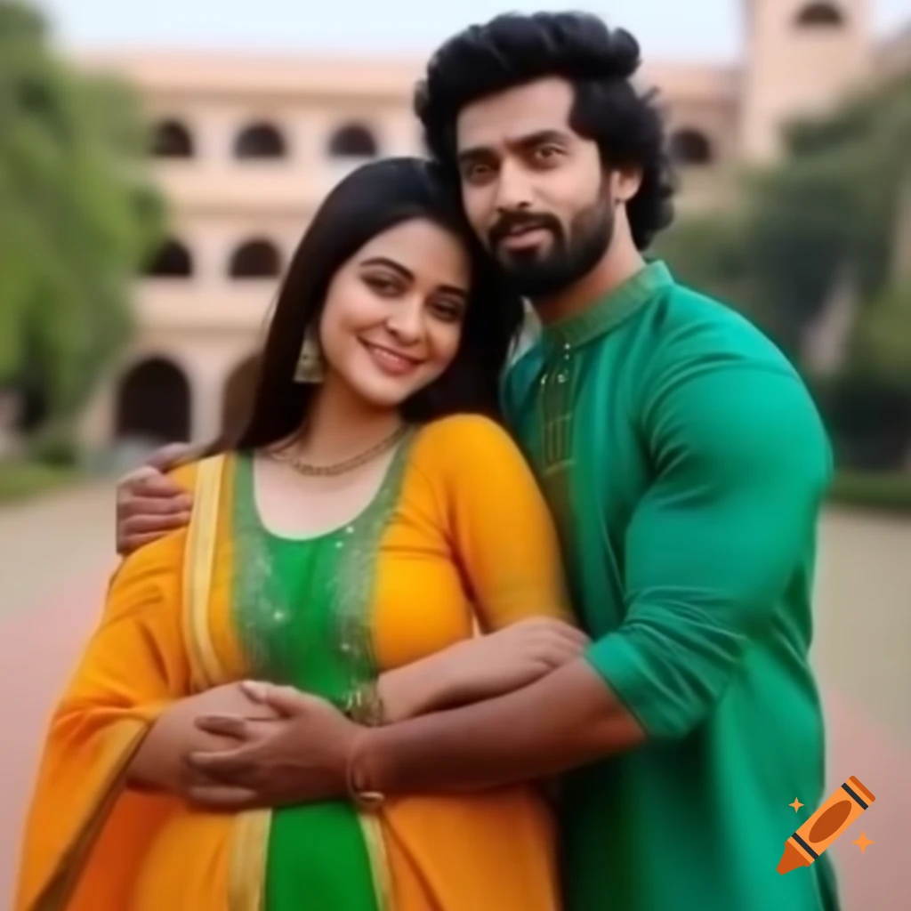 Indian couple hugging in ethnic wear at college function
