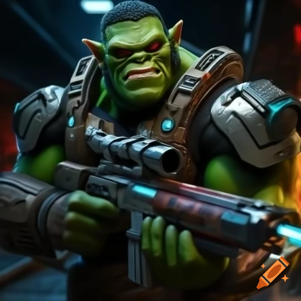 Tall orc in kevlar body armor with light machine gun in cyberpunk setting