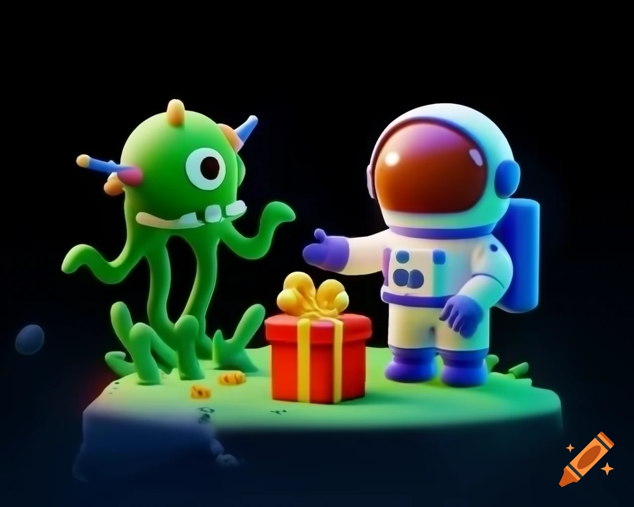 Kawaii 3D illustration of astronaut giving gift to a monster