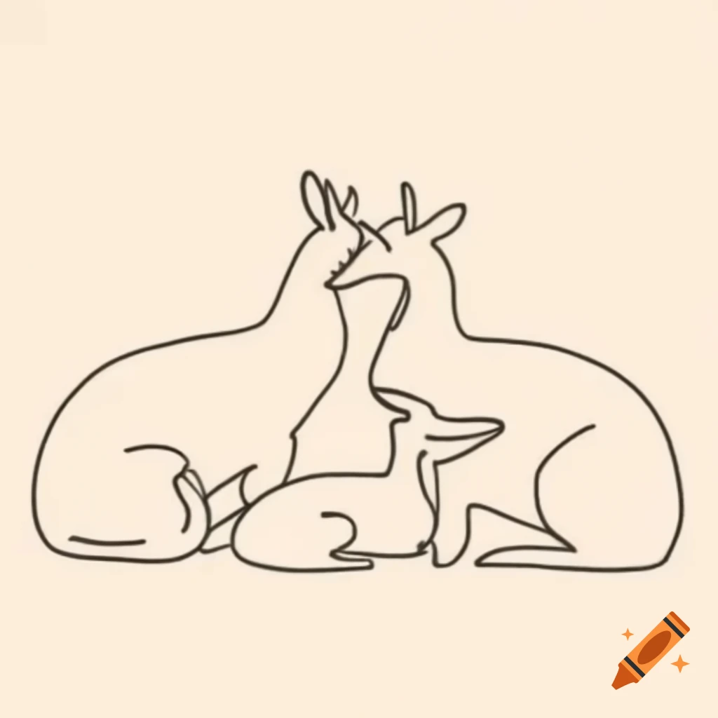 Line drawing of three fawns cuddling