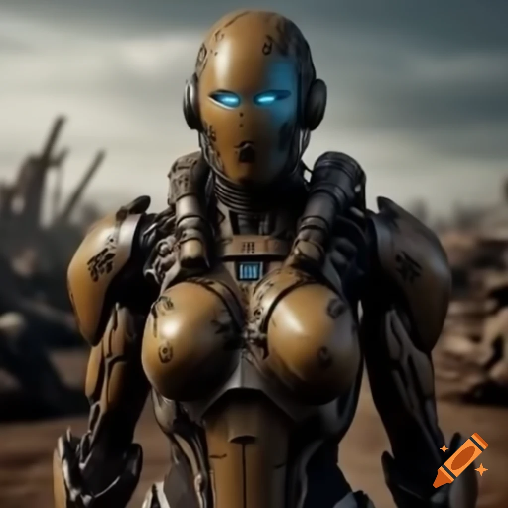 Cyborg warrior in full-body armor suit in post-apocalyptic wasteland