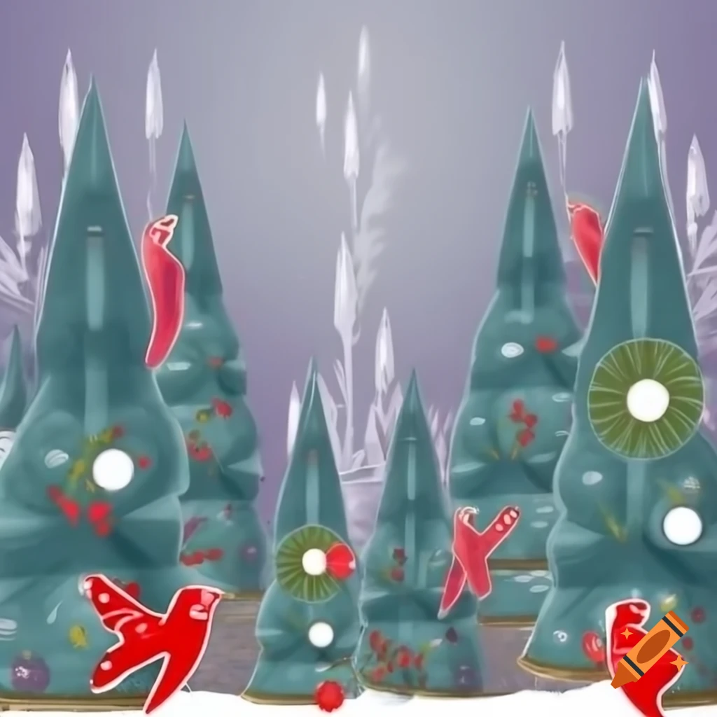 Panorama illustration of Christmas forest scene blending Salish and Russian fairytale motifs