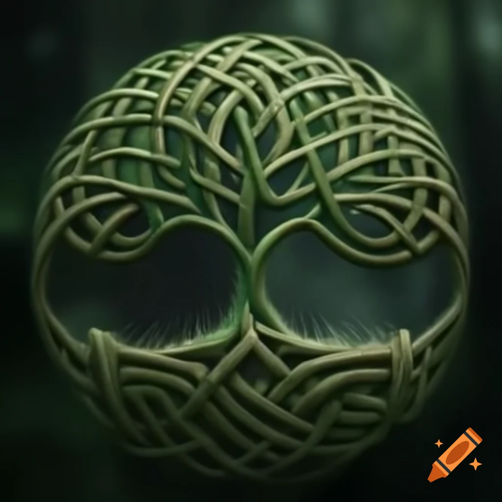 Celtic knots and patterns in green, brown, and blue hues representing nature