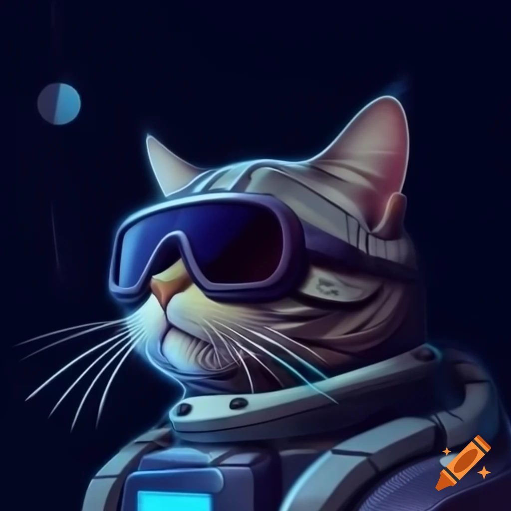 Futuristic robotic cat with wings and sunglasses in dark scene