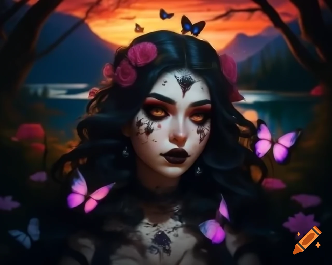 Hyperrealistic portrait of Gothic woman with flowers and butterflies in hair