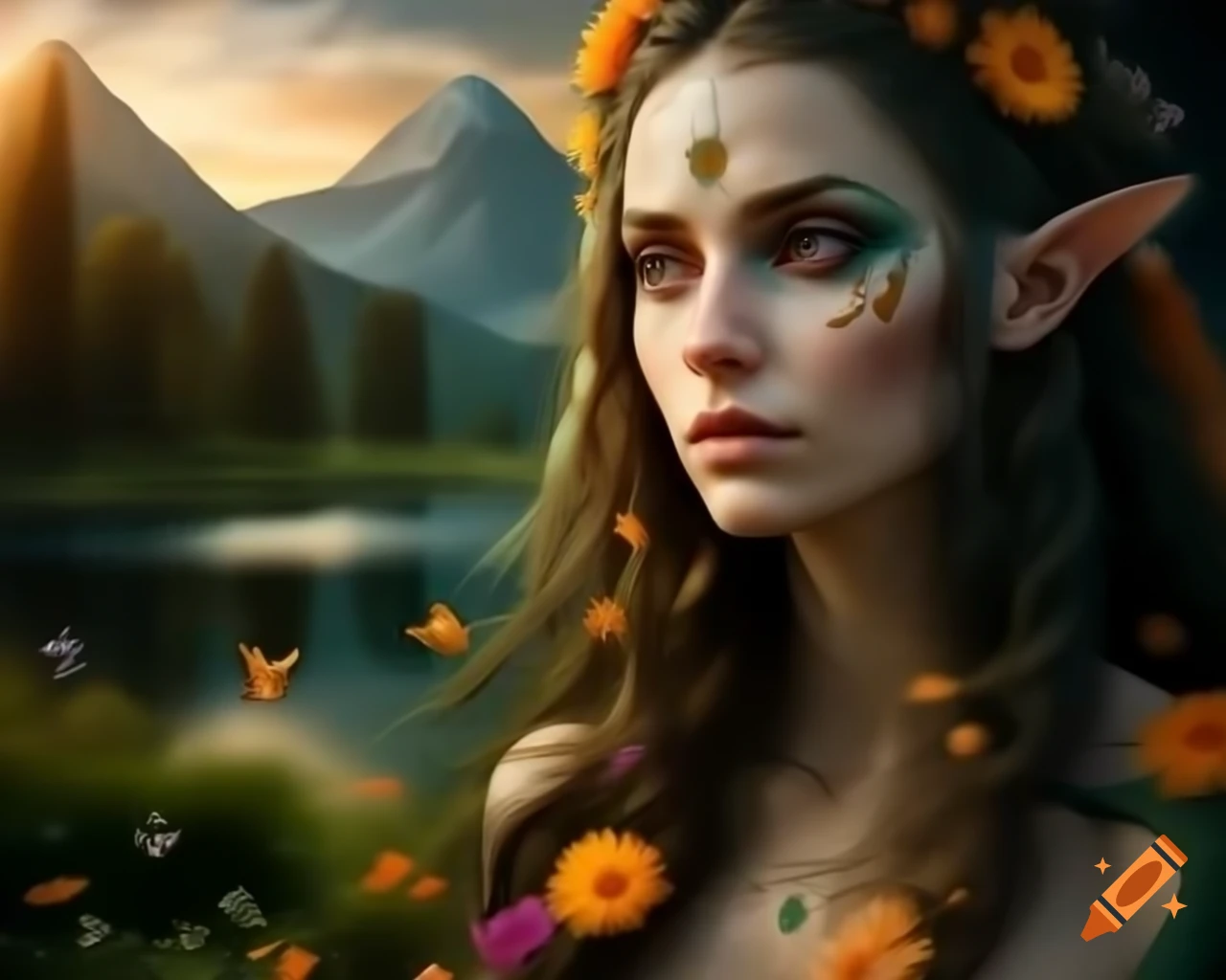 Hyperrealistic depiction of mystical Norse Celtic woman with floral and butterfly accents in hair