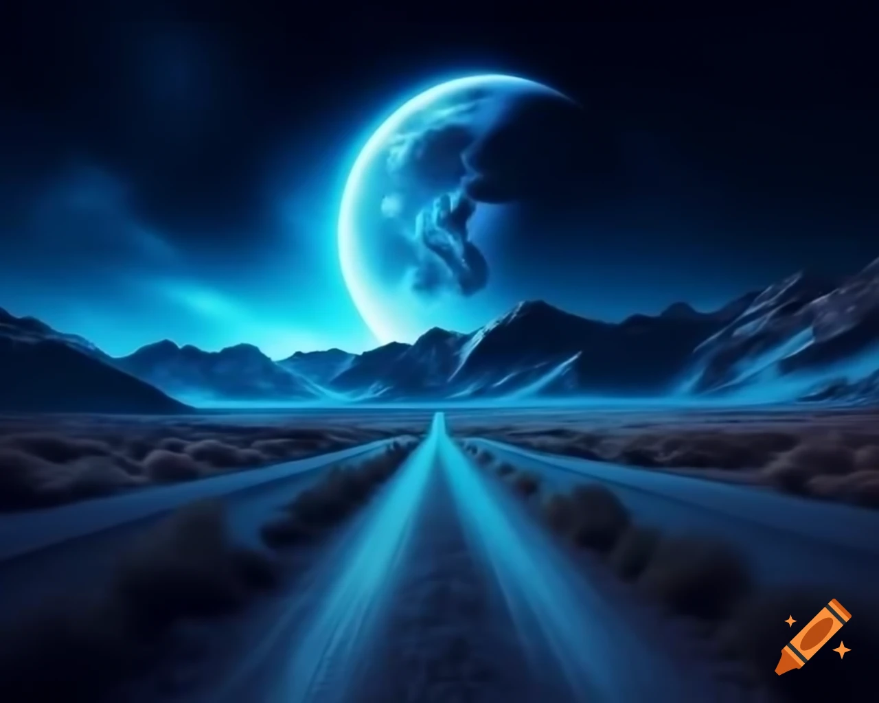 Blue glowing moon over gravel road leading to mountains