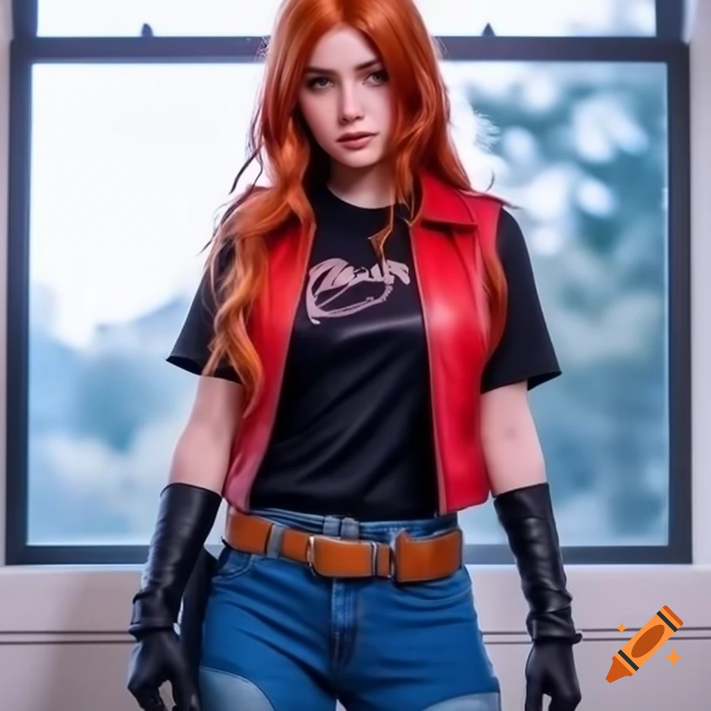 Female cosplayer with reddish-brown hair in red leather vest and pistol