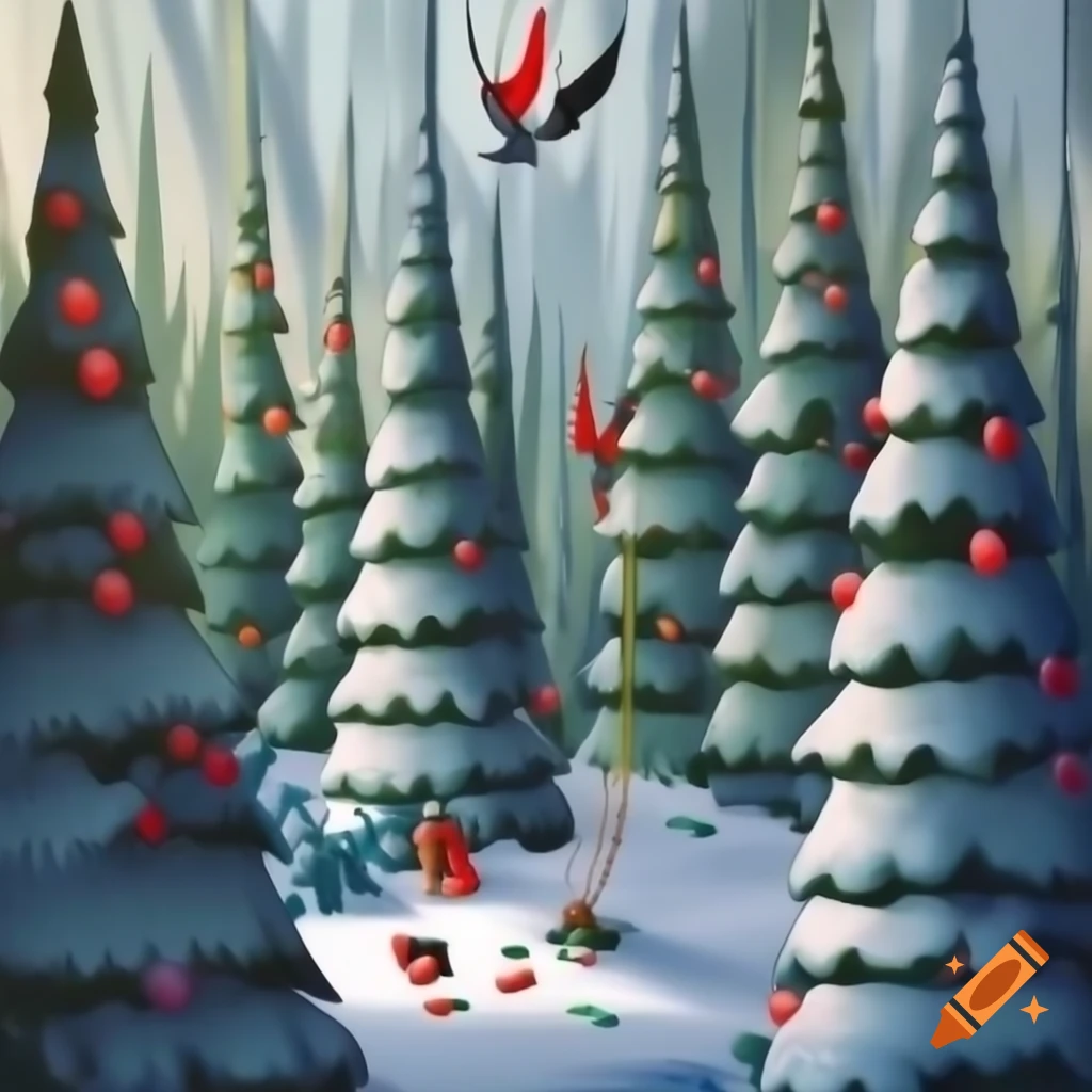 Panorama illustration of Christmas forest scene with Native Salish and Russian fairytale motifs