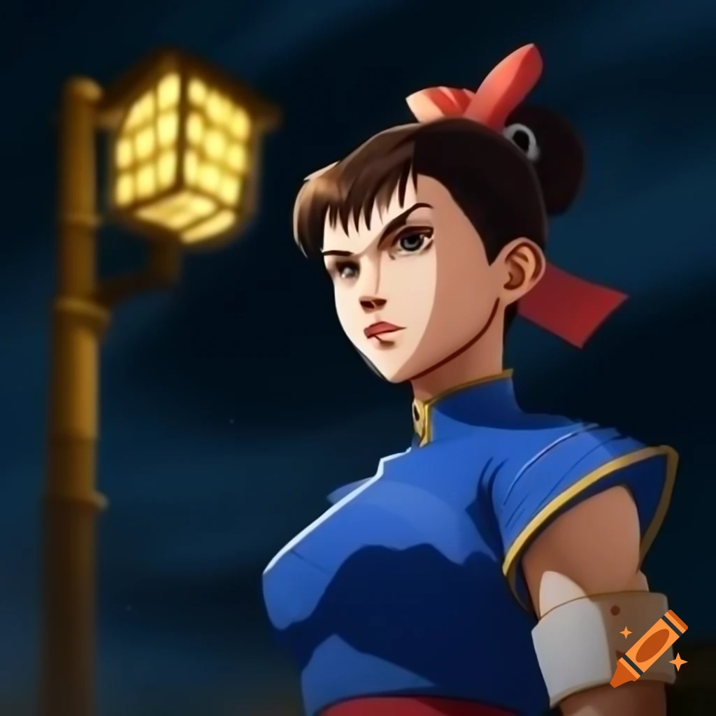 Anime-style Chun-Li from Street Fighter standing before floodlight