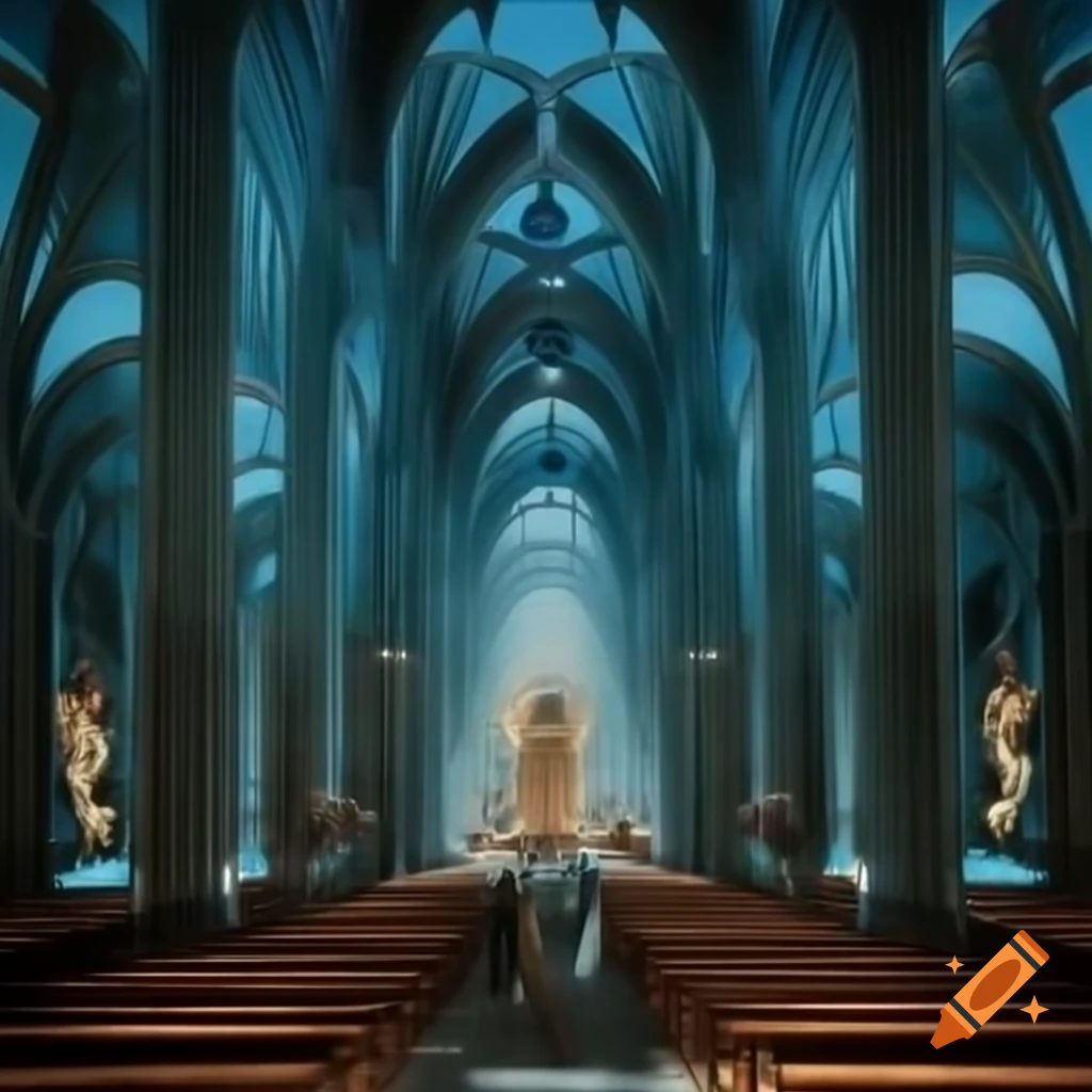 Surreal bronze engraving of church in abyssal depths with blue palette