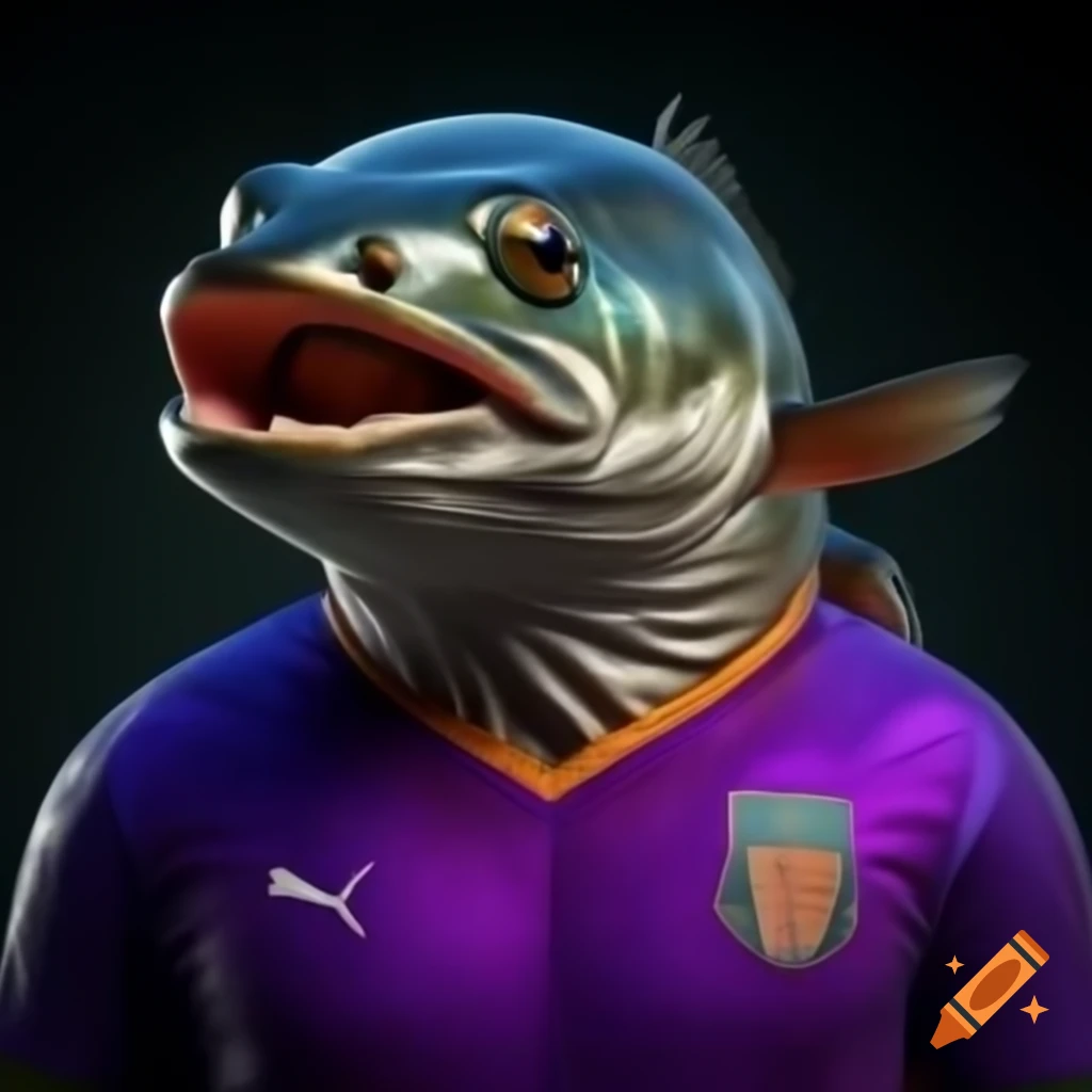 Salmon wearing a purple soccer shirt in realistic depiction