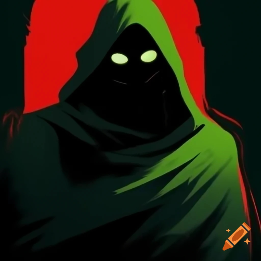 Mysterious man in dark green cloak with glowing red eyes against light green background