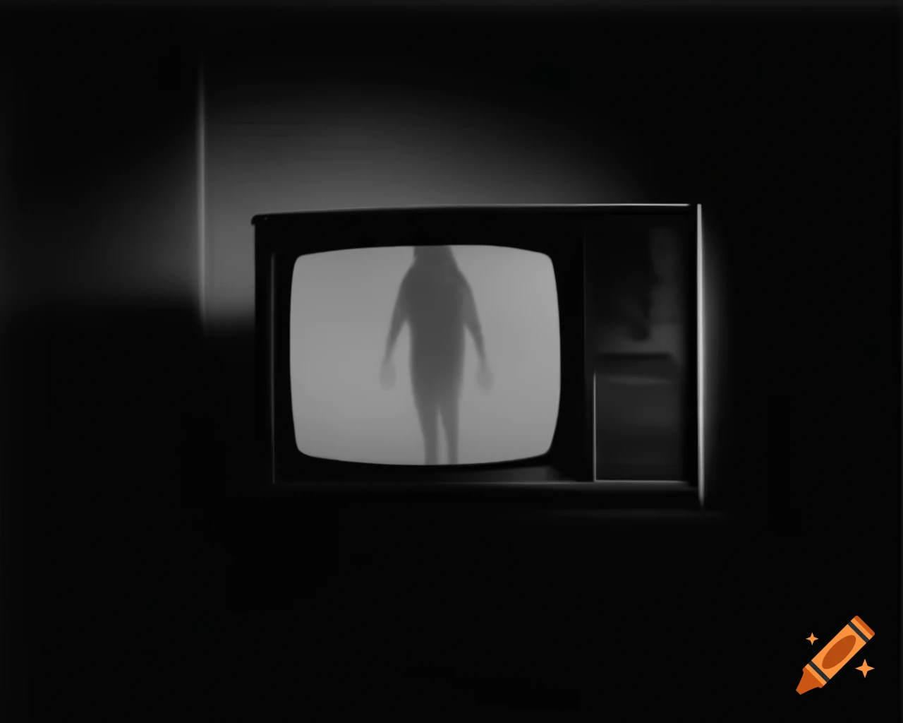 Eerie dark television in 1980s living room setting
