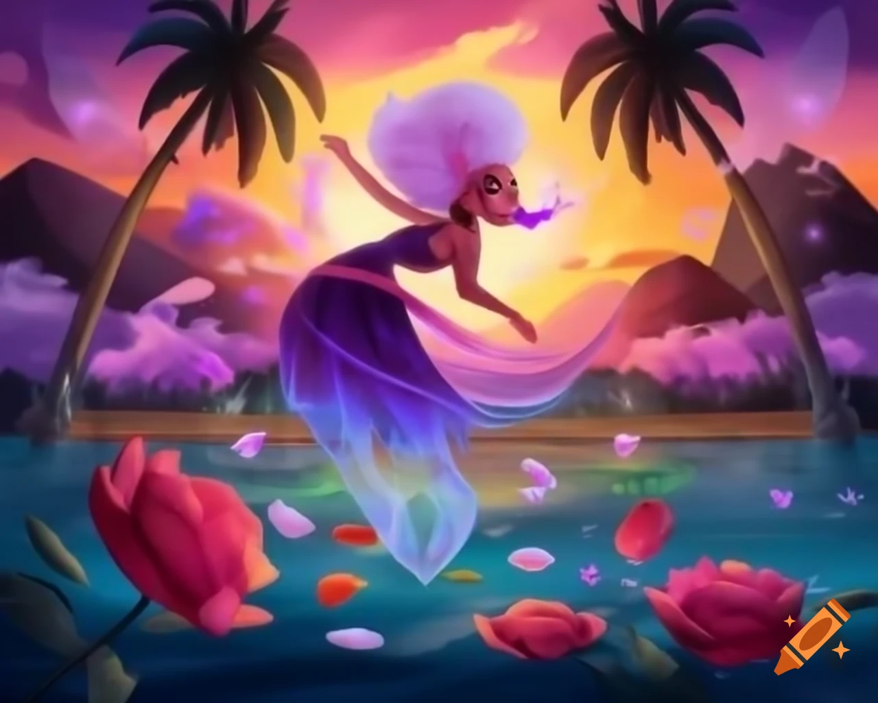 Beautiful woman with surreal wig made of vibrant objects in sunset light