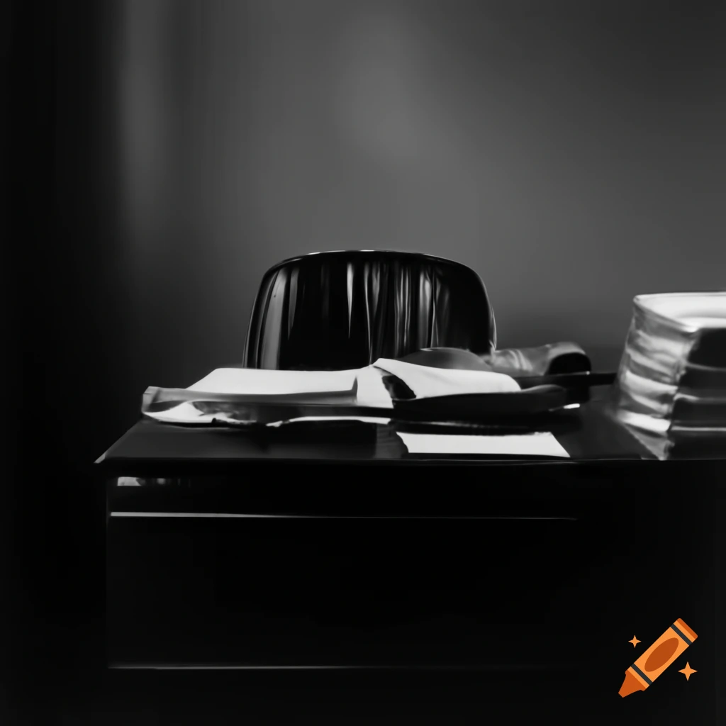 Messy noir detective desk viewed from the front