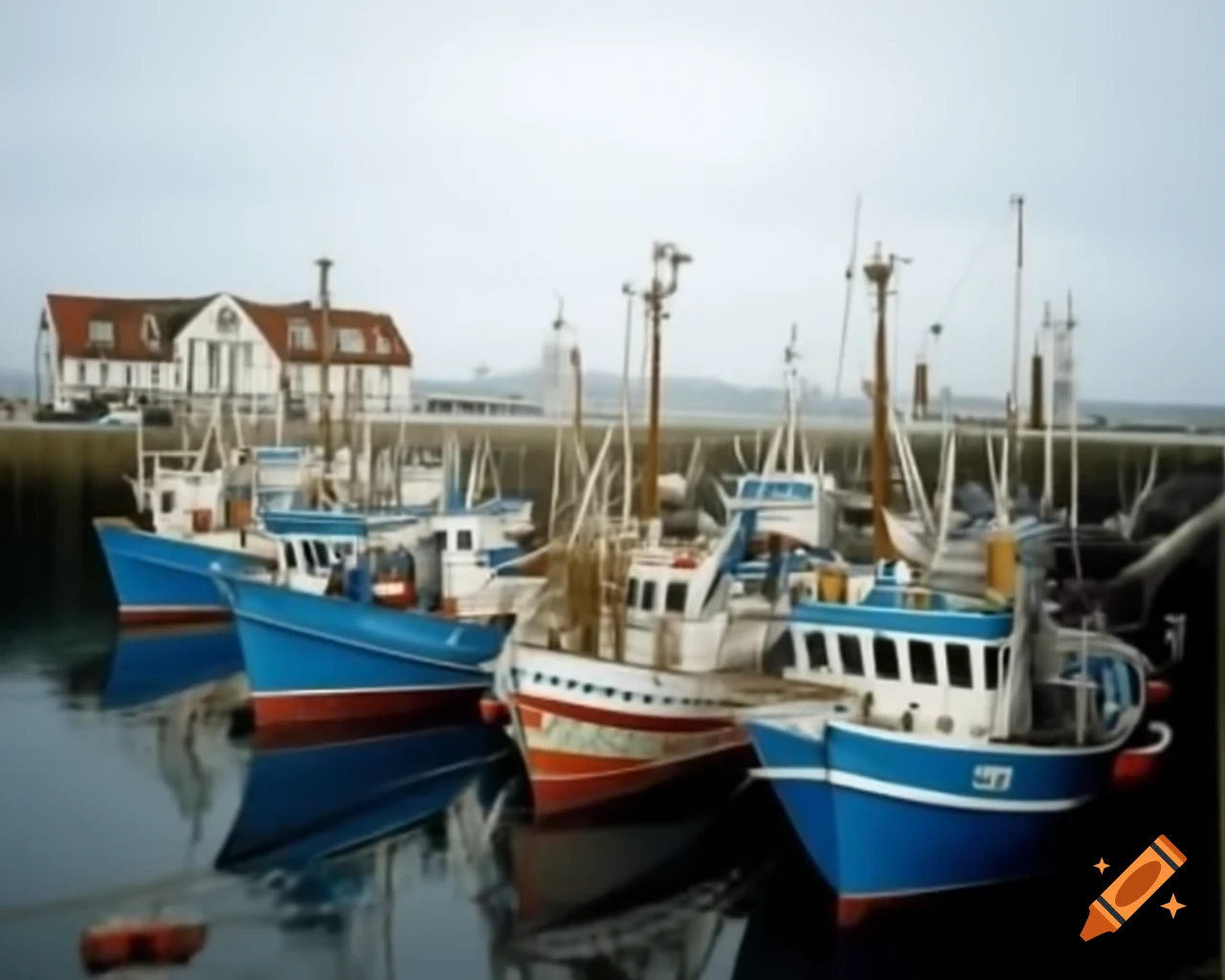 Fishing boats in sluice harbour with surrounding buildings on German North Sea, panoramic view