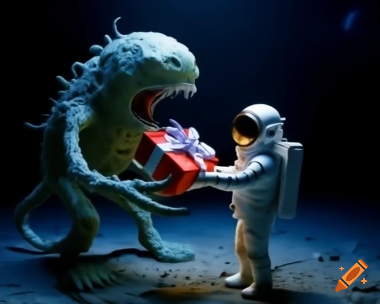 Astronaut presenting a gift to a monster in hyper-realistic cinematic style